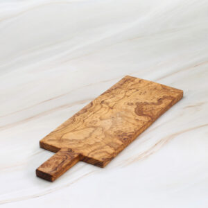 Handmade olive wood cutting board with handle and natural grain