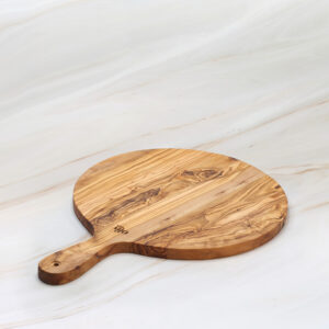 Handmade olive wood round cutting board with handle and natural grain
