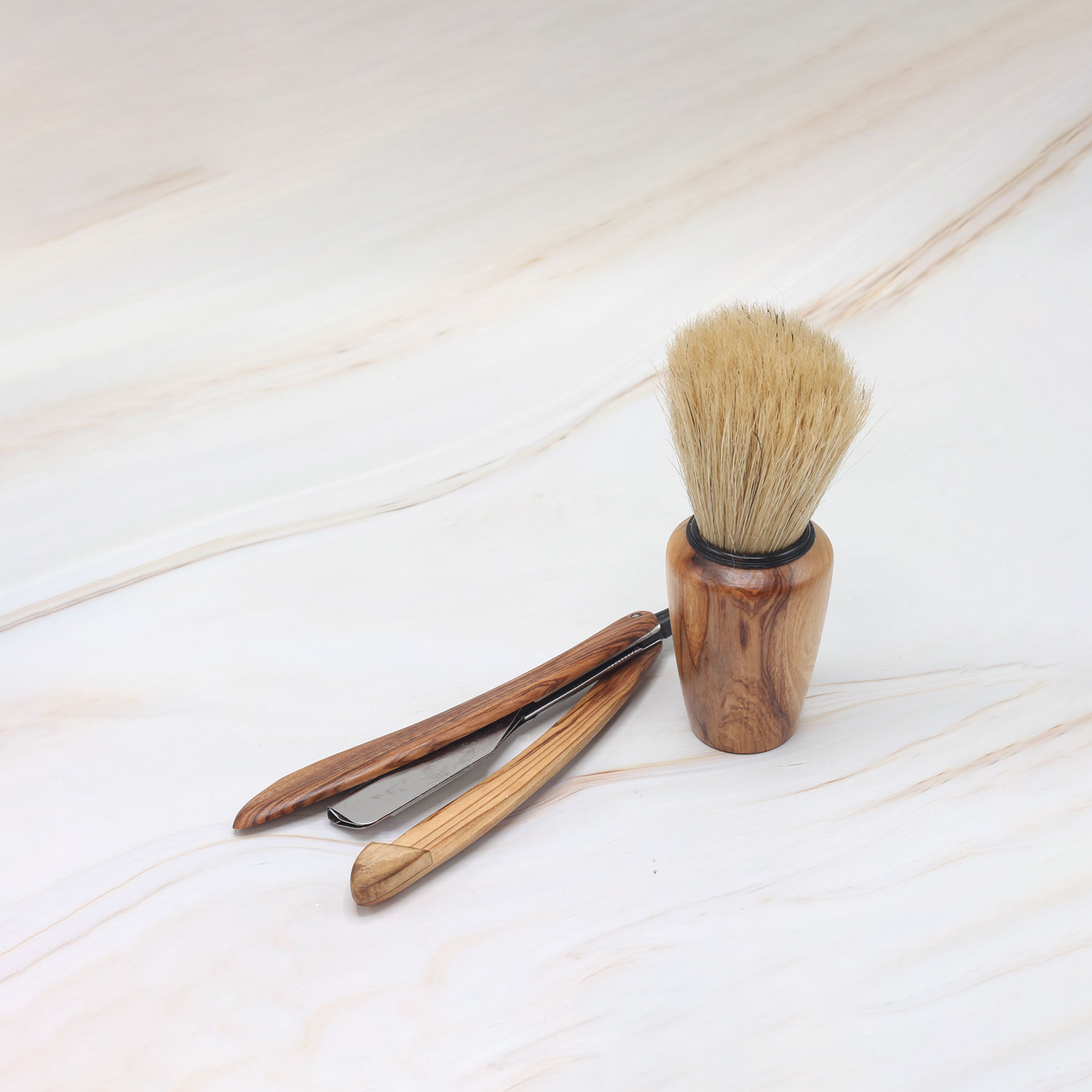 Olive Wood Shaving Brush Set with Razor - Handmade & Natural 2 Olive Wood Shaving Brush Set with Razor - Handmade & Natural - Image 2