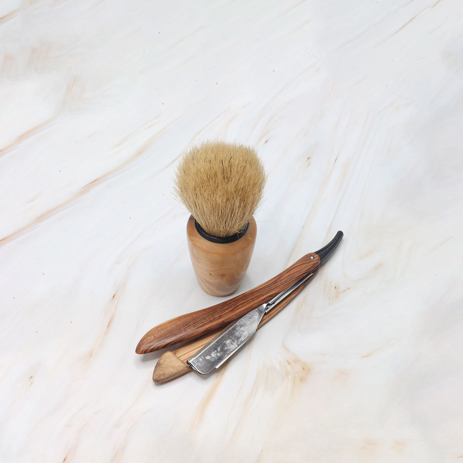 Olive Wood Shaving Brush Set with Razor - Handmade & Natural 1 Handmade olive wood shaving brush set with razor