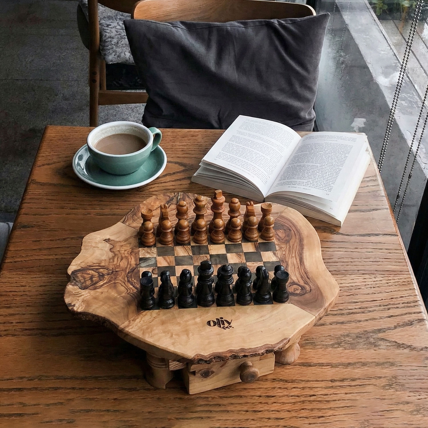 Olive Wood Chess Board with Drawers - Rustic Chess Set 2 Olive Wood Chess Board with Drawers - Rustic Chess Set - Image 2