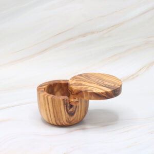 Handmade olive wood salt cellar with scoop and magnetic lid