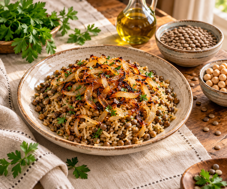 Lebanese mujaddara, lentils and rice topped with caramelised onions