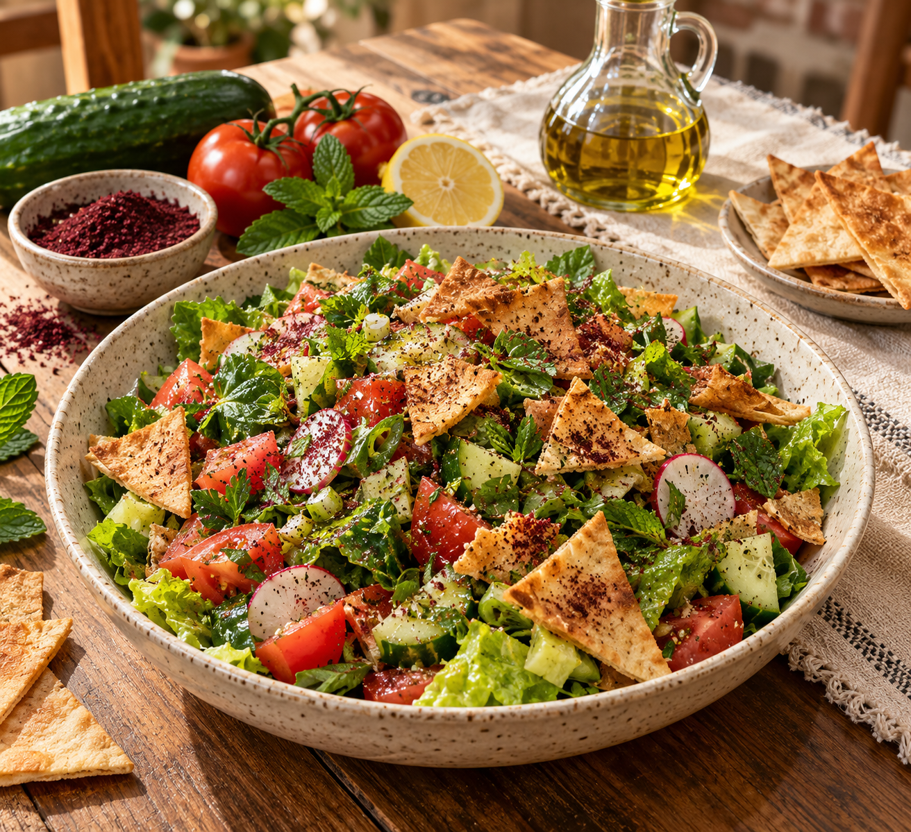 Lebanese fattoush bread salad in a rustic bowl