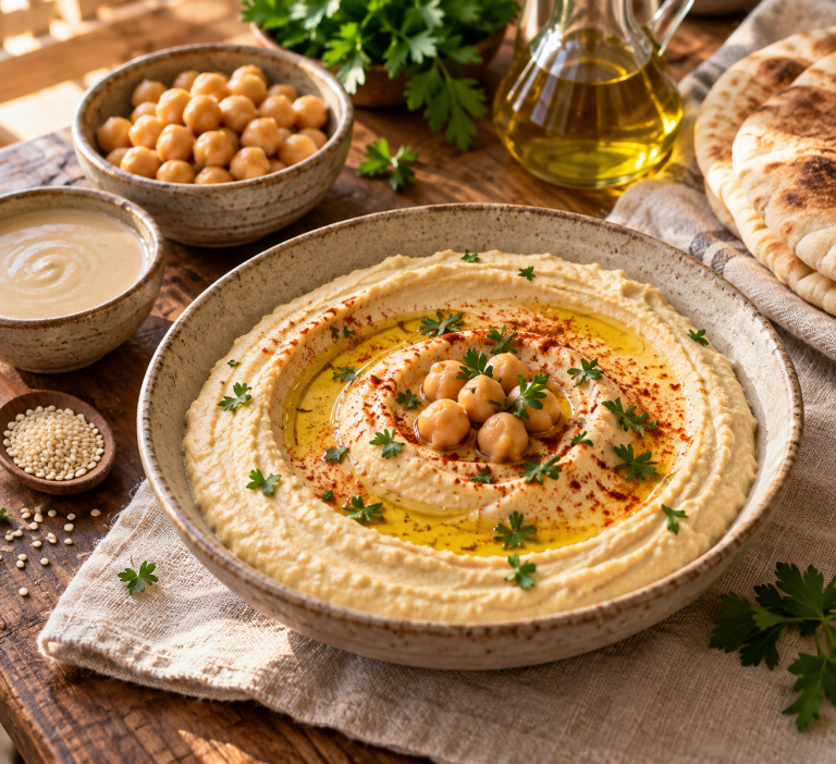 Lebanese hummus with tahini and olive oil, served rustic style